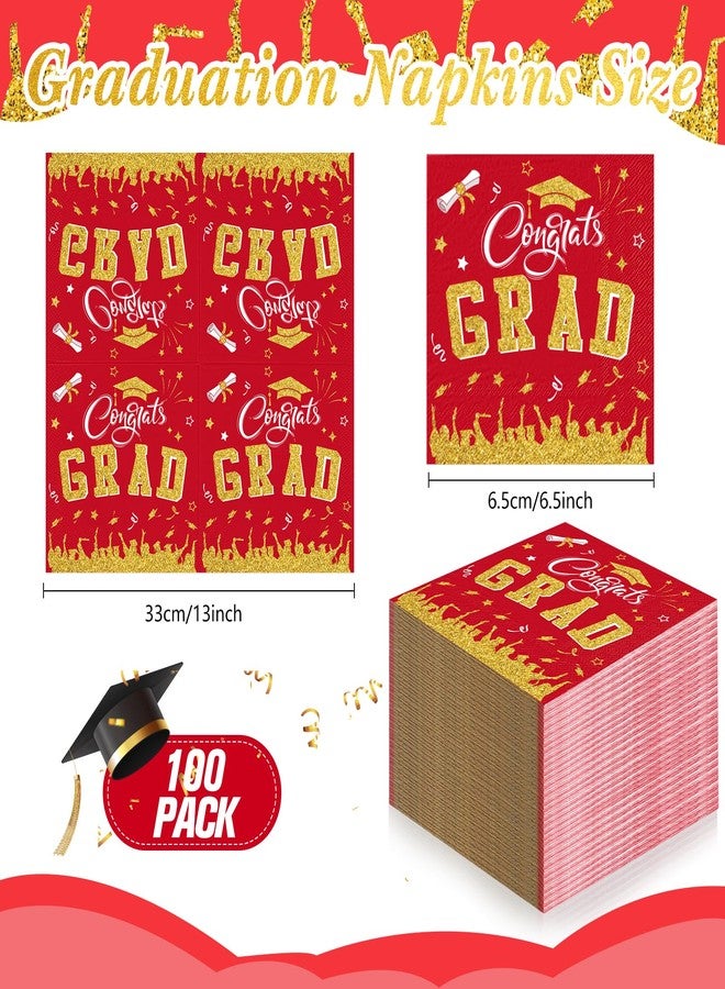 Supervitae 100 Pcs Graduation Napkins Class of 2025 Disposable Graduation Cocktail Napkin Congrats Grad Square Paper Tissues for 2025 High School University College Party Supplies (Red,Grad) - Image 2